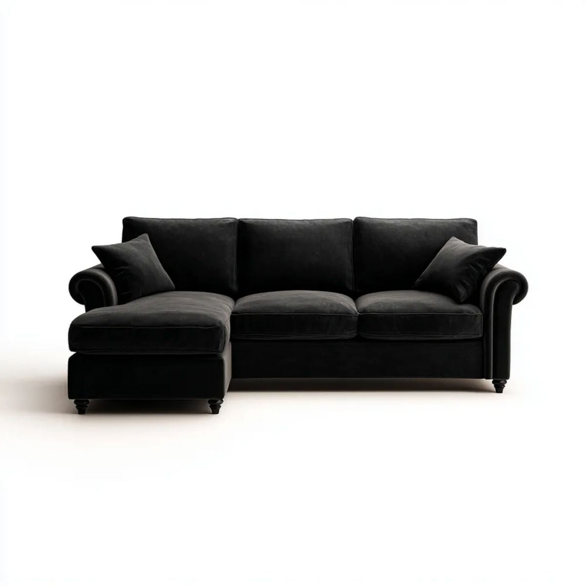 Lewostronna sofa narożna z szezlongiem, czarna, aksamitna, 280 x 160 x 85 cm