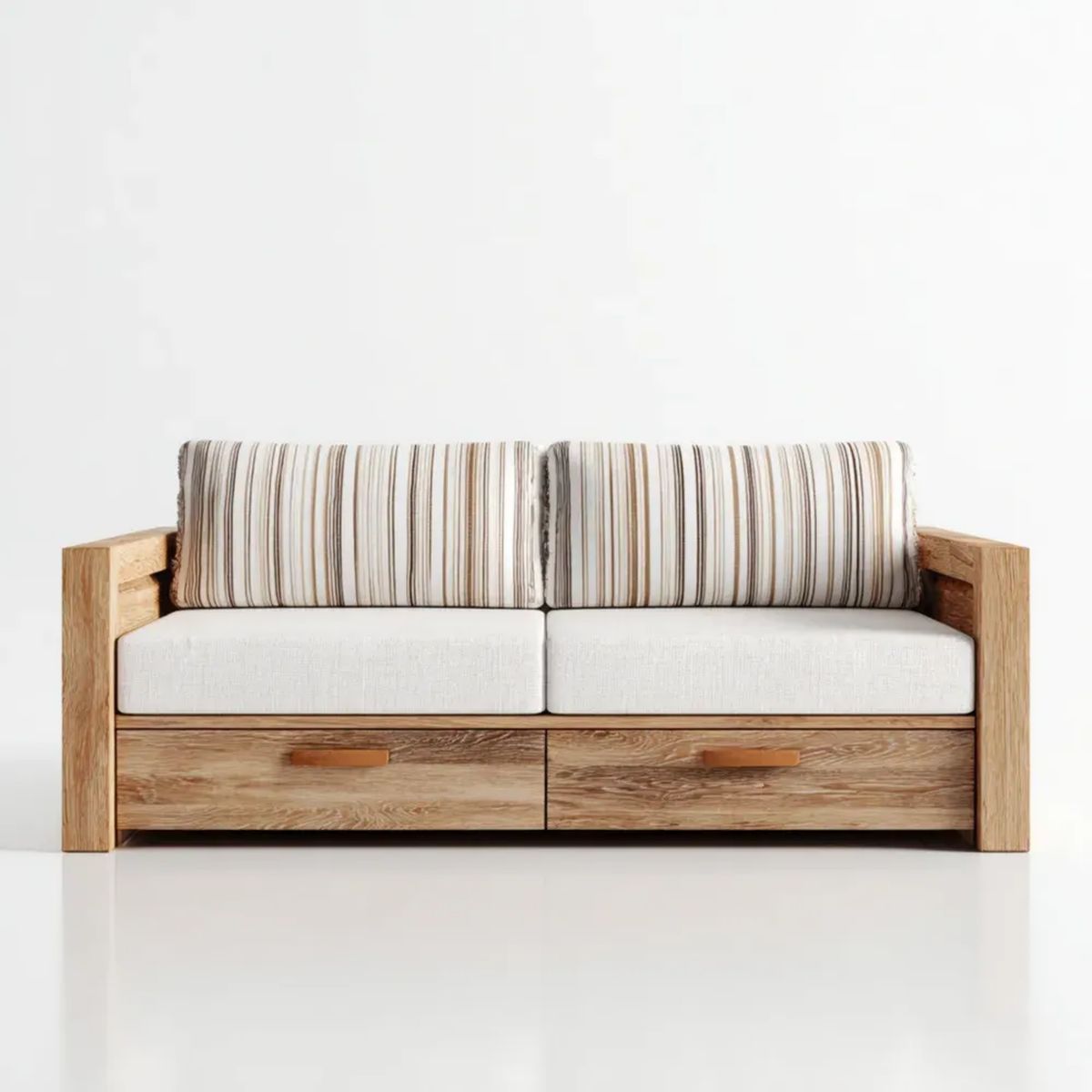 Dwuosobowa sofa drewniana tapicerowana z 2 szufladami, kremowo-brązowa, 160 x 80 x 85 cm