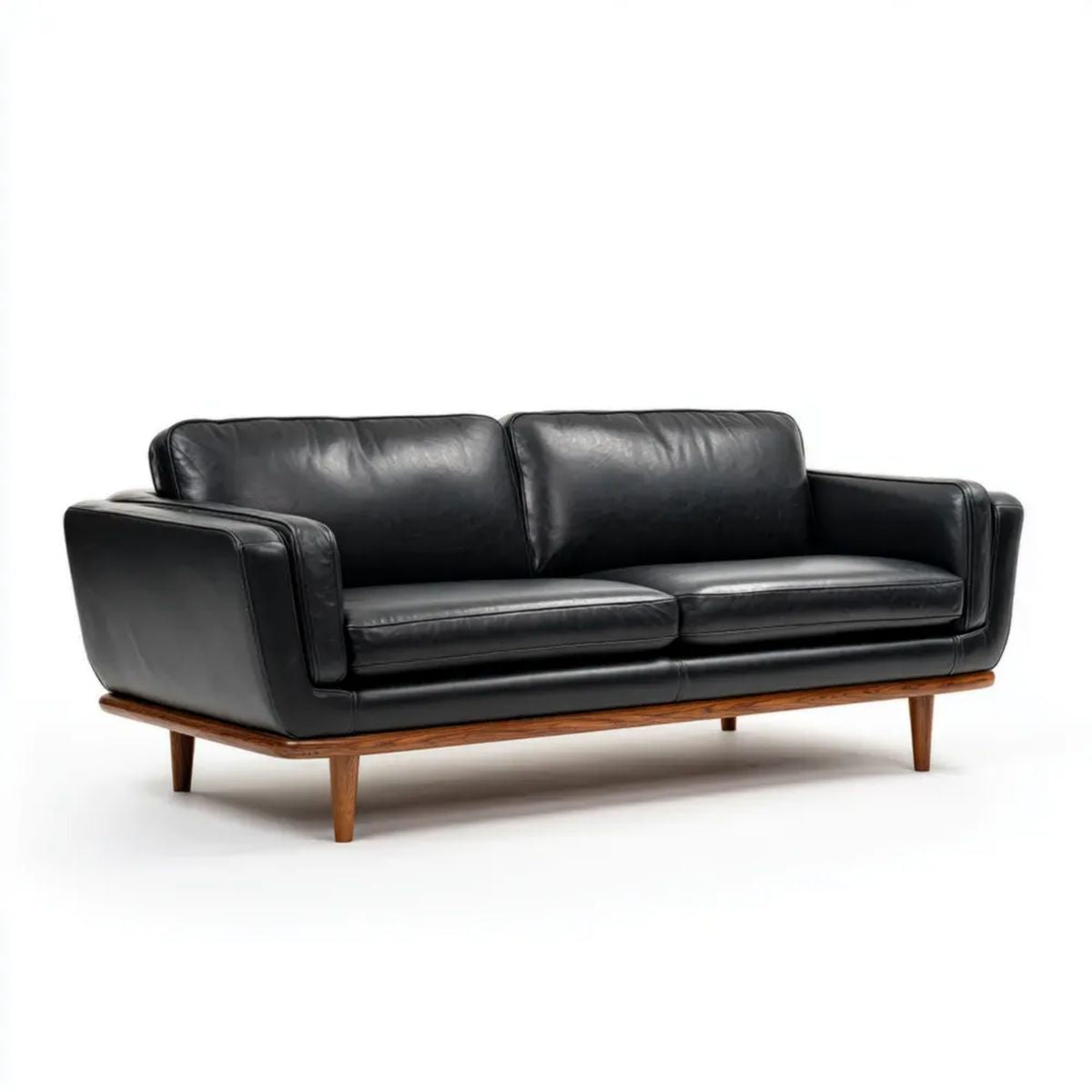 Dwuosobowa sofa ze skóry syntetycznej PU, czarna, na drewnianych nogach, 180 x 82 x 78 cm