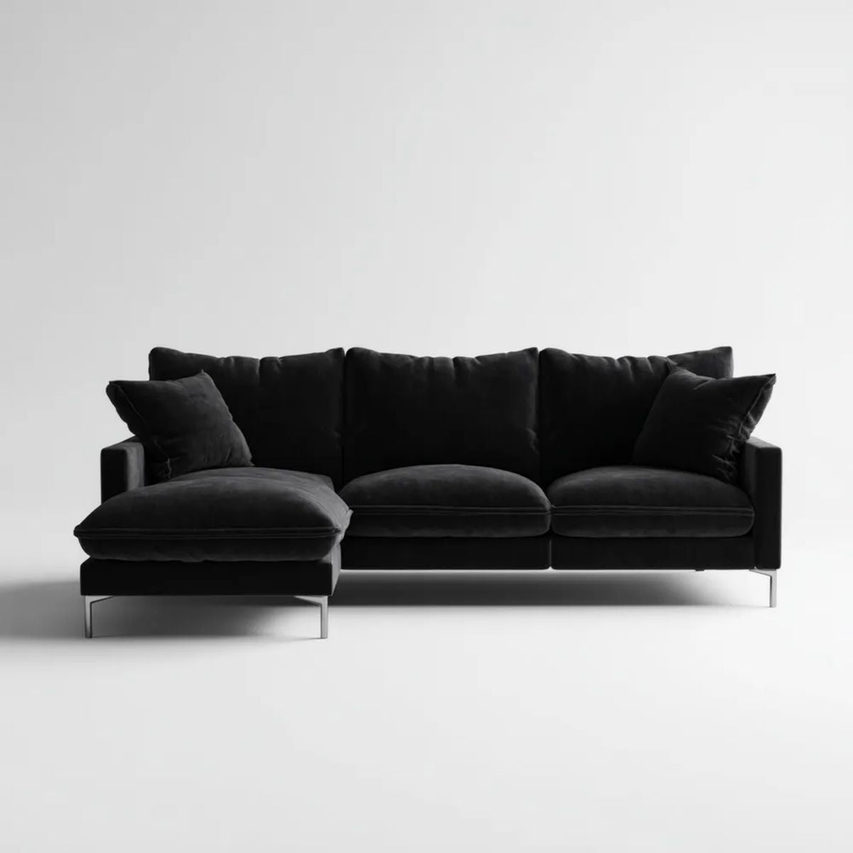 Lewostronna sofa narożna 4-osobowa w kształcie L, czarna, aksamitna, 280 × 170 × 85 cm