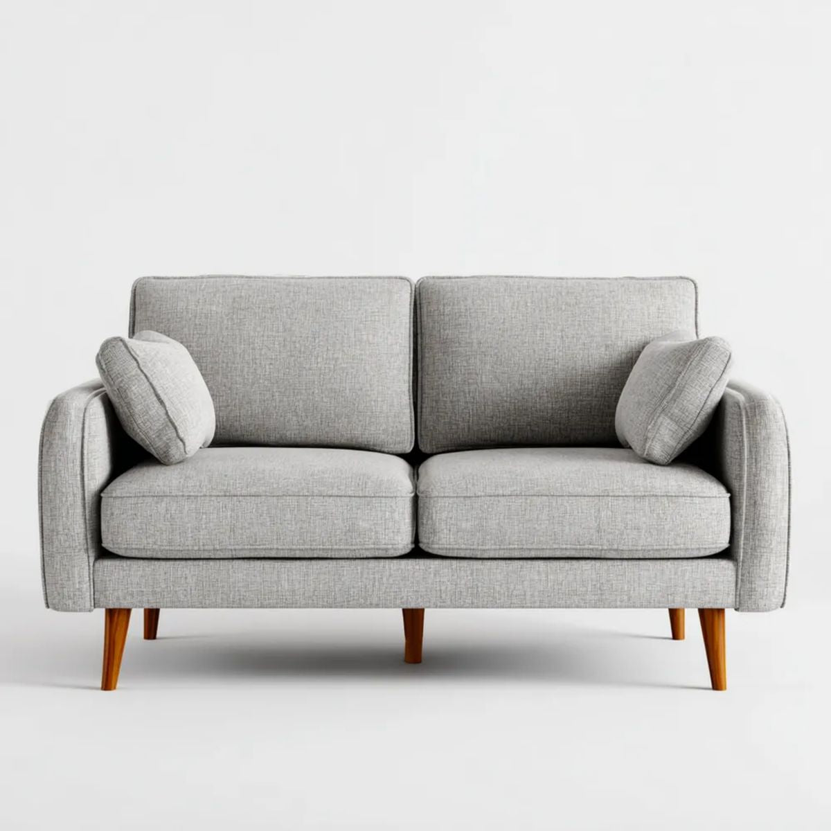 Szara sofa dwuosobowa z tapicerką poliestrową i drewnianymi nogami, 150 × 85 × 82 cm
