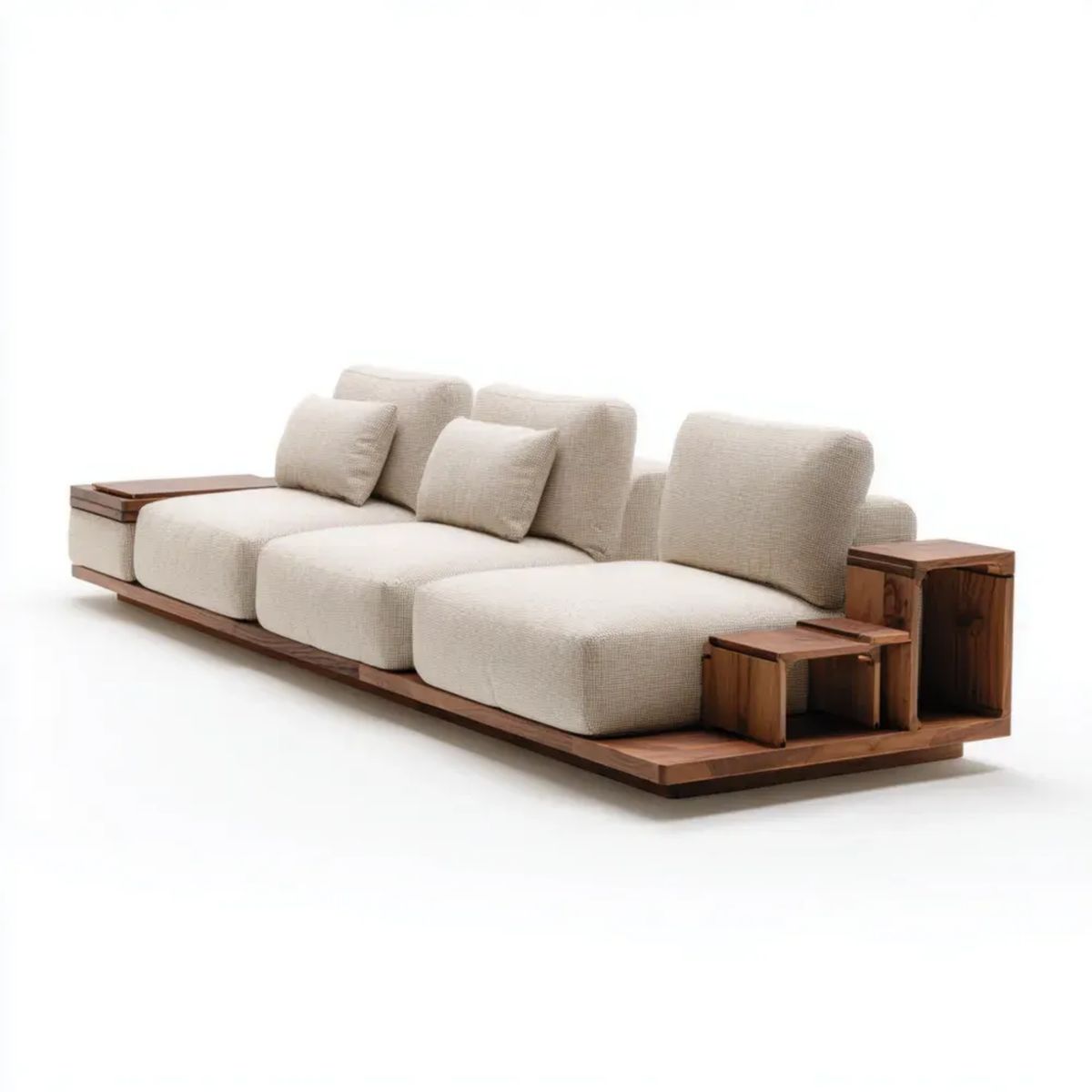 Trzyosobowa sofa kremowa z tkaniny i litego drewna 300 x 100 x 78 cm