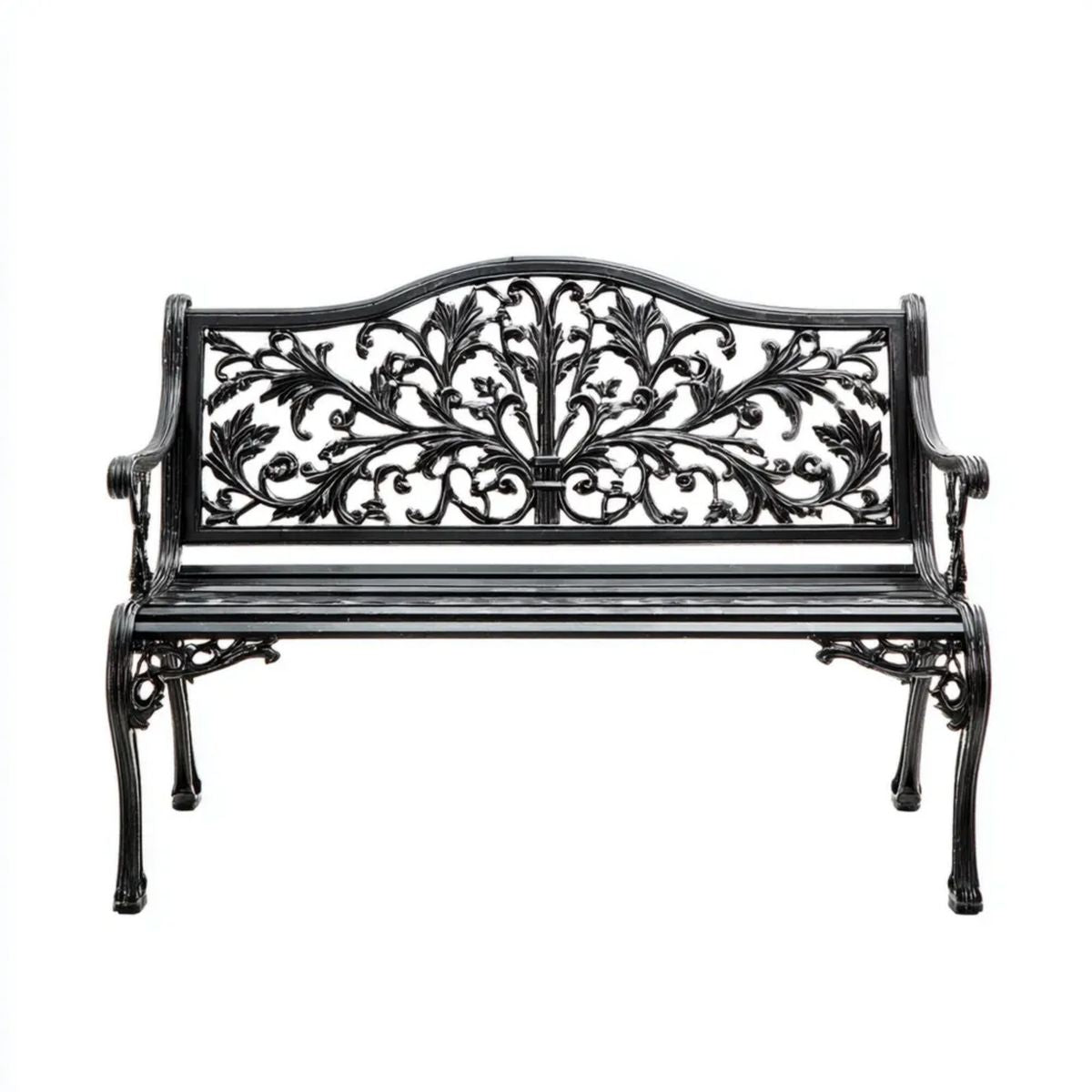 2-osobowa ławka ogrodowa z odlewu aluminiowego, czarna, 122 × 58 × 87 cm, z ornamentowym oparciem