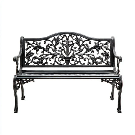 2-osobowa ławka ogrodowa z odlewu aluminiowego, czarna, 122 × 58 × 87 cm, z ornamentowym oparciem