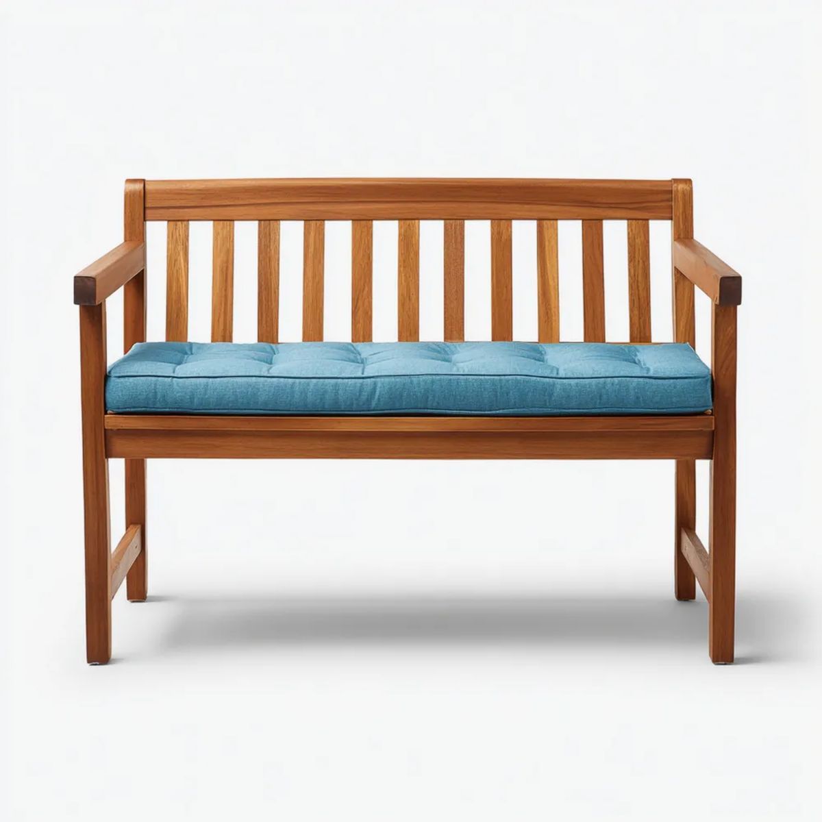 Dwuosobowa ławka ogrodowa z drewna brązowa z turkusową poduszką 120 x 65 x 90 cm