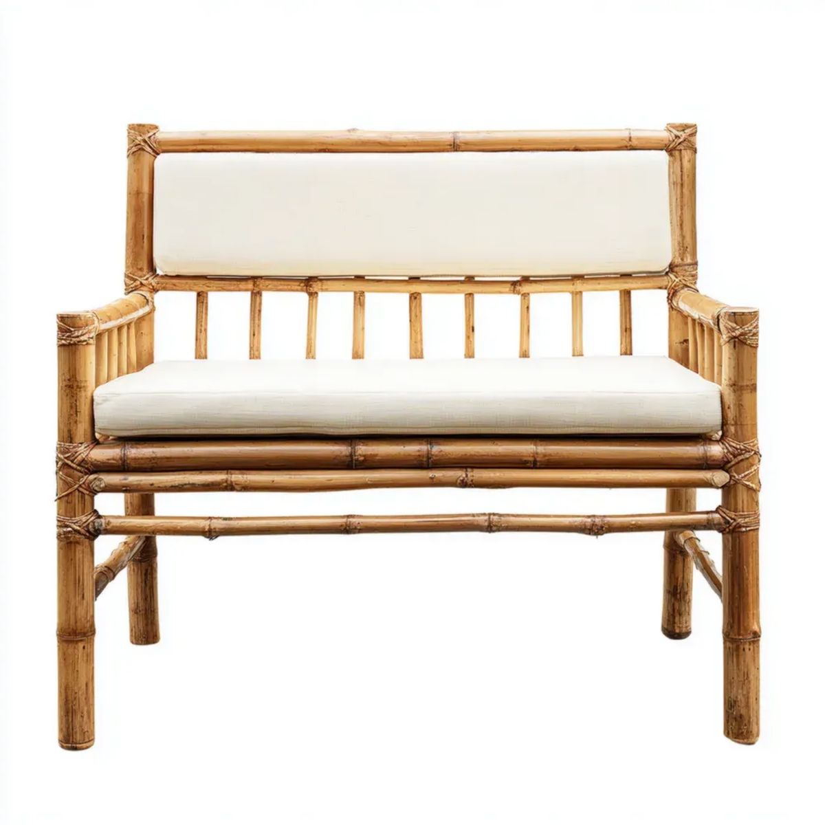 Dwuosobowa ławka ogrodowa z bambusa 122 x 65 x 85 cm, naturalny brąz, z kremowymi poduszkami