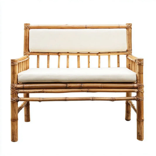 Dwuosobowa ławka ogrodowa z bambusa 122 x 65 x 85 cm, naturalny brąz, z kremowymi poduszkami
