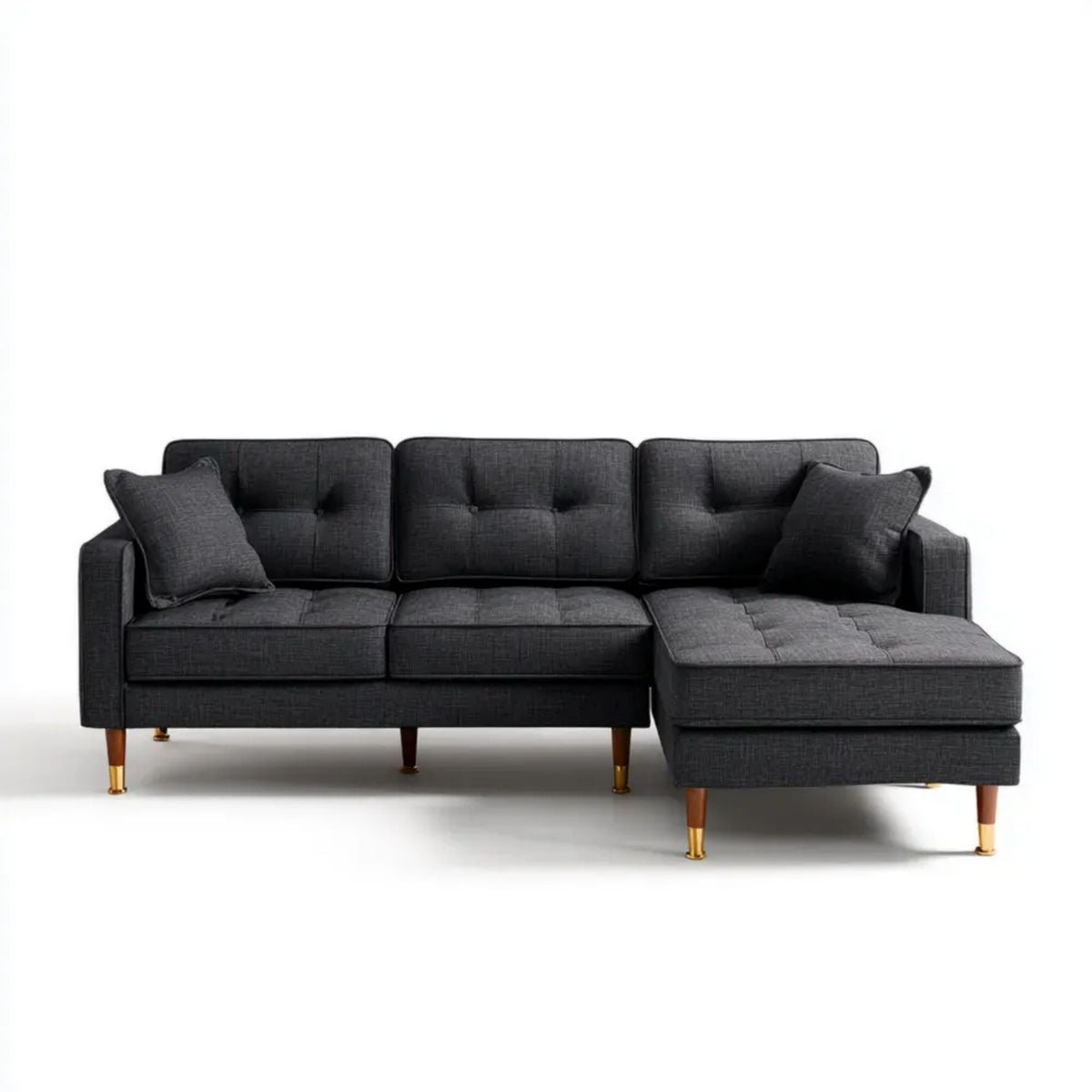 Grafitowa sofa narożna z prawostronnym szezlongiem, tapicerowana tkaniną poliestrową, 250 x 160 x 85 cm