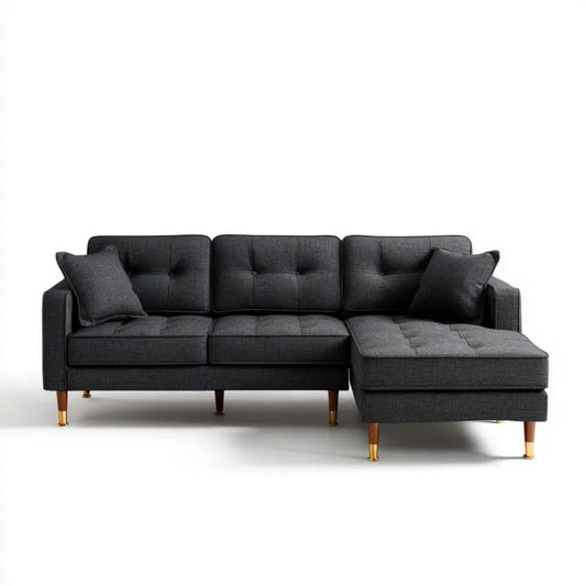 Grafitowa sofa narożna z prawostronnym szezlongiem, tapicerowana tkaniną poliestrową, 250 x 160 x 85 cm