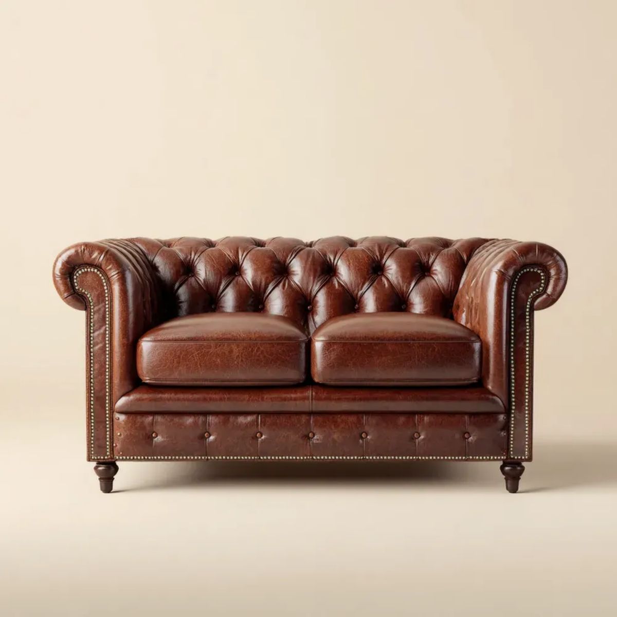 Dwuosobowa sofa Chesterfield ze skóry syntetycznej, brązowa, 170 × 90 × 75 cm