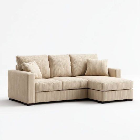 Beżowa sofa narożna w kształcie L z tapicerką poliestrową, 230 x 155 x 85 cm