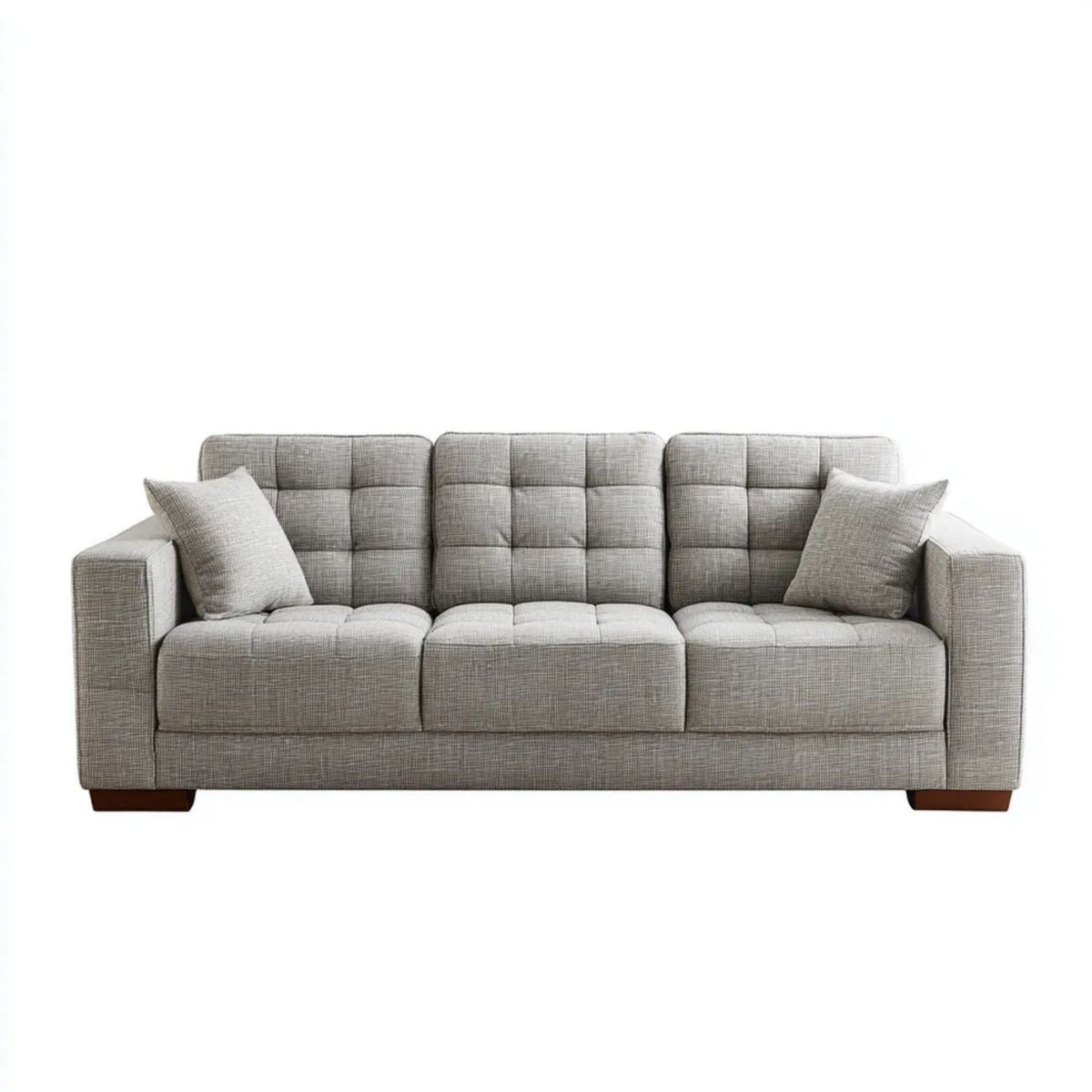 Trzyosobowa sofa tapicerowana z poliestru, szara z ciemnobrązowymi nogami, 220 x 90 x 90 cm