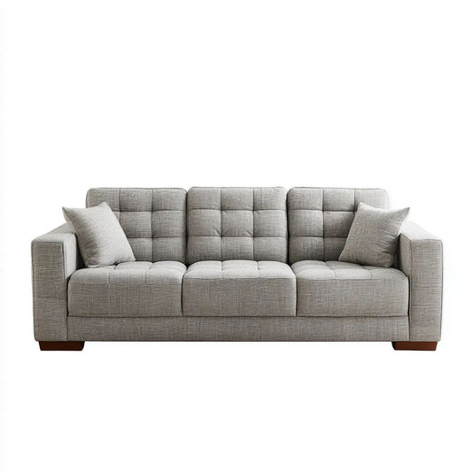 Trzyosobowa sofa tapicerowana z poliestru, szara z ciemnobrązowymi nogami, 220 x 90 x 90 cm