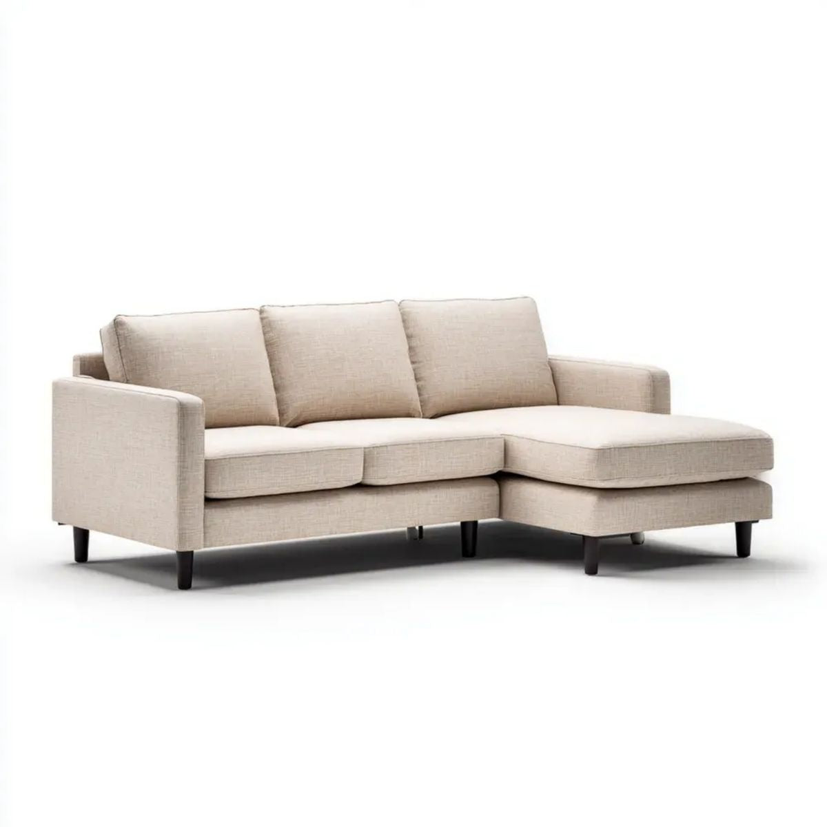 Beżowa sofa narożna z prawostronnym szezlongiem, tkanina poliestrowa, 220 x 150 x 85 cm