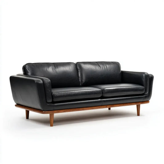 Dwuosobowa sofa ze skóry syntetycznej PU, czarna, na drewnianych nogach, 180 x 82 x 78 cm