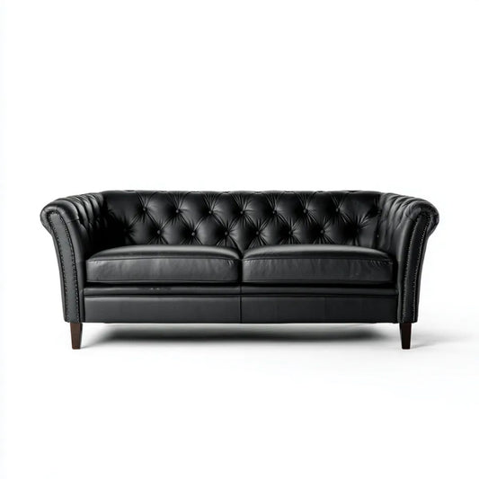 Dwuosobowa sofa Chesterfield ze skóry syntetycznej, czarna, 170 × 90 × 75 cm