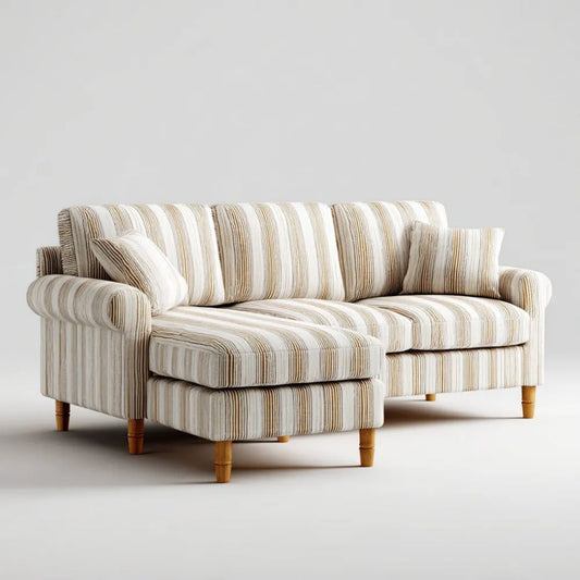 Dwuosobowa sofa z prostokątną pufą, tapicerka poliestrowa, kremowo-beżowo-jasnobrązowa, 210 x 90 x 88 cm