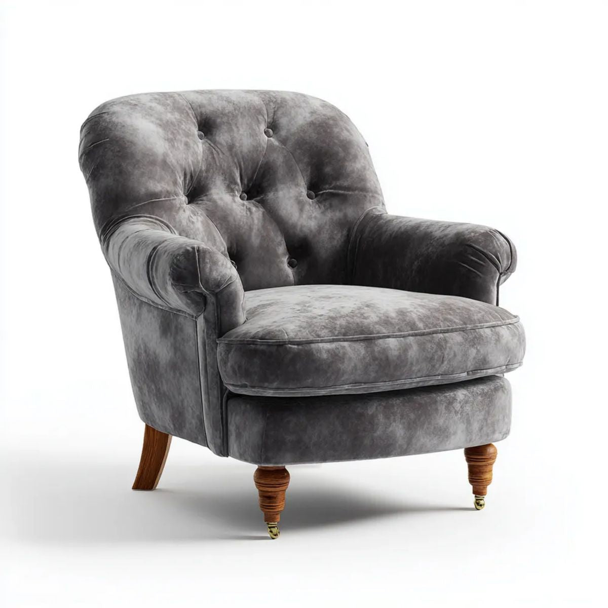 Fotel Chesterfield z aksamitu szary 98 x 90 x 104 cm z zaokrąglonym oparciem
