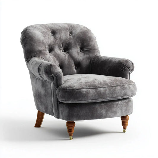 Fotel Chesterfield z aksamitu szary 98 x 90 x 104 cm z zaokrąglonym oparciem