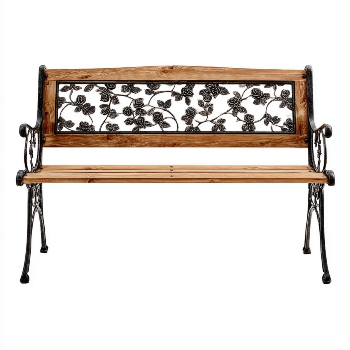 2-osobowa ławka ogrodowa brązowo-czarna z drewna i żeliwa, 125 × 54 × 77 cm