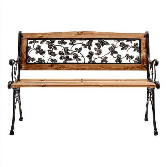 2-osobowa ławka ogrodowa brązowo-czarna z drewna i żeliwa, 125 × 54 × 77 cm