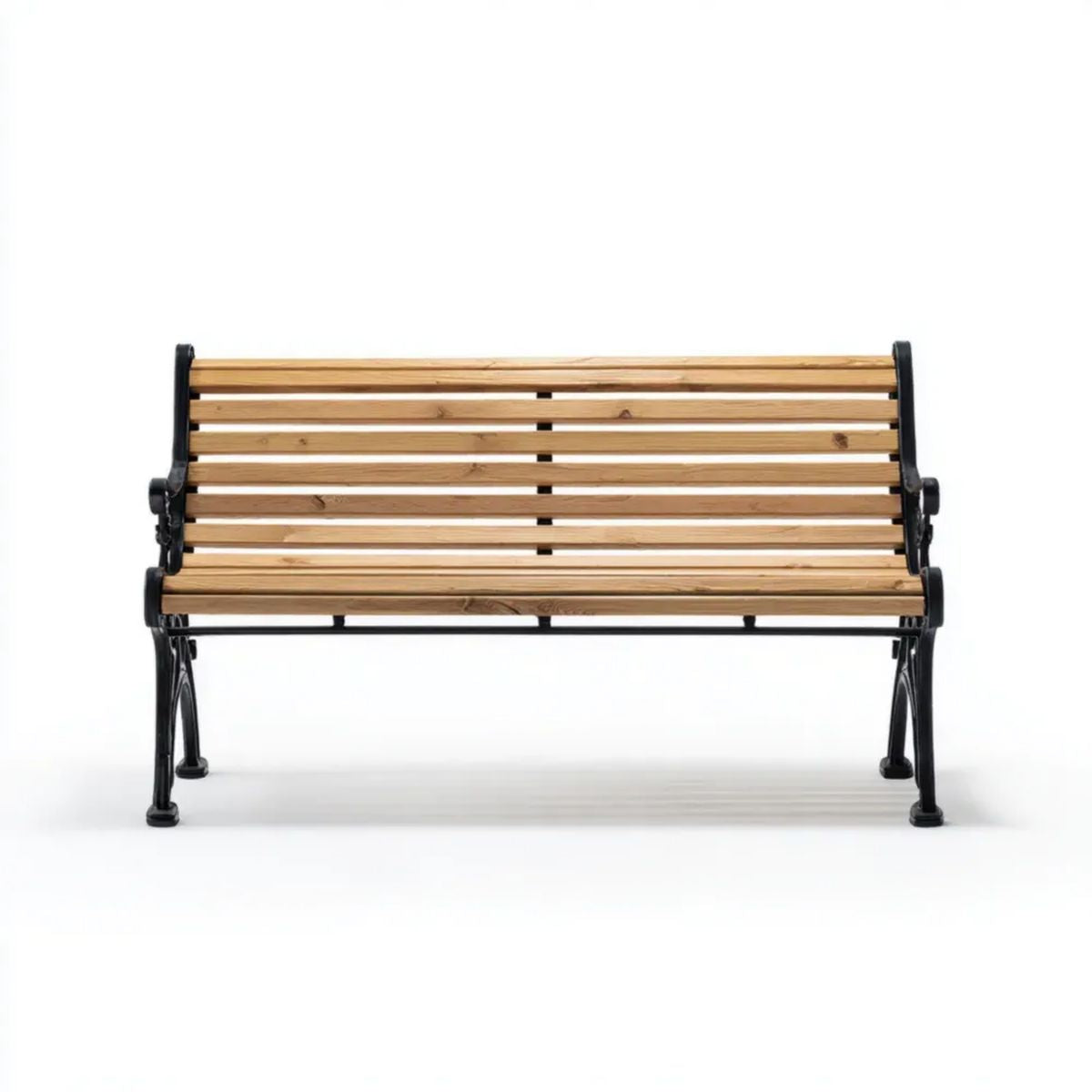 Trzyosobowa ławka ogrodowa z drewna i żeliwa, naturalna/czarna, 150 × 62 × 82 cm