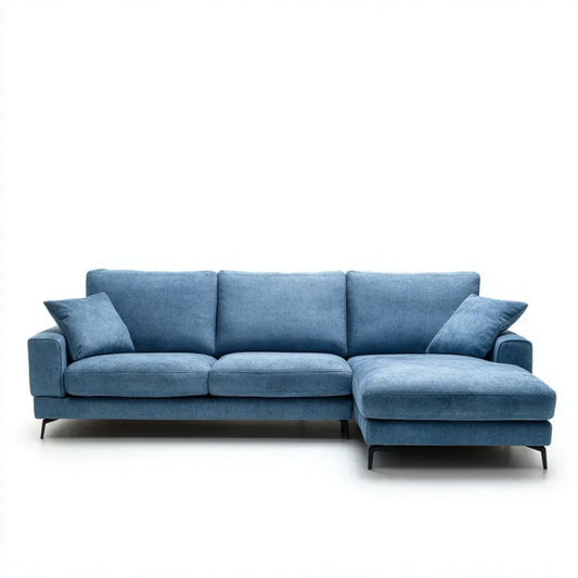 Niebieska sofa narożna z prawostronnym szezlongiem, tapicerka poliestrowa, 280 × 165 × 85 cm