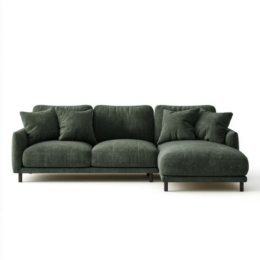 3-osobowa sofa narożna w kształcie L z tapicerką poliestrową, prawostronnym szezlongiem, ciemnozielona/czarna, 280 × 160 × 85 cm