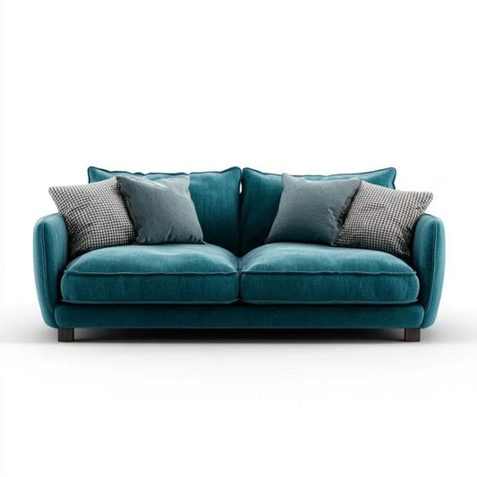 Turkusowa sofa 2-osobowa z tapicerką poliestrową, 180 x 85 x 90 cm, 4 poduszki dekoracyjne