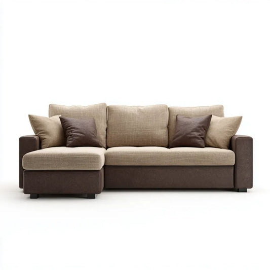 Sofa 3-osobowa z lewostronnym szezlongiem beżowo-brązowa, tapicerka poliestrowa i ekoskóra PU, 250 x 95 x 85 cm