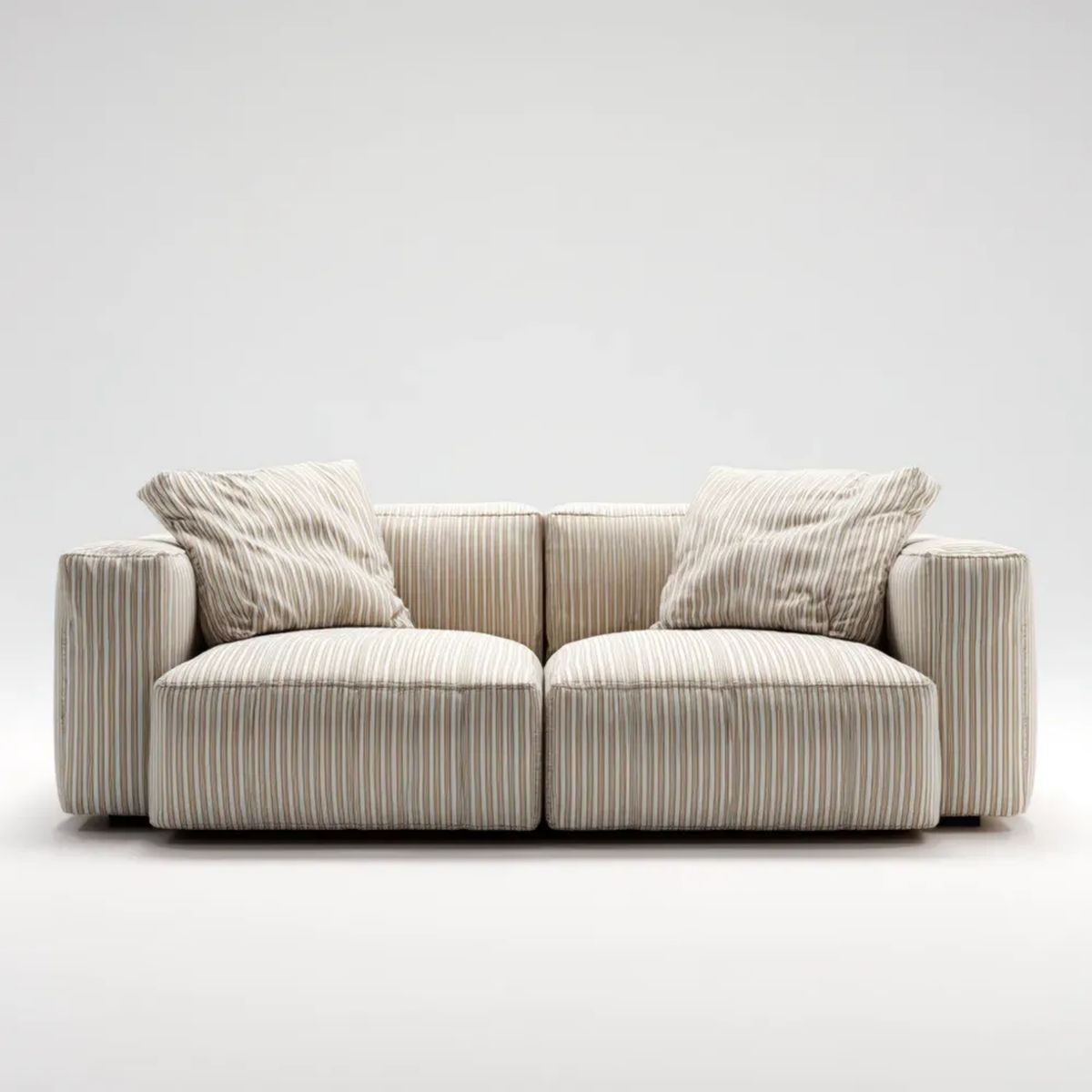 Beżowa sofa dwuosobowa z tapicerką tekstylną w prążki, 200 × 95 × 75 cm