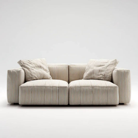 Beżowa sofa dwuosobowa z tapicerką tekstylną w prążki, 200 × 95 × 75 cm