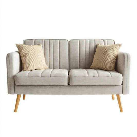 Dwuosobowa sofa beżowa z tapicerką poliestrową i drewnianymi nogami, 160 x 82 x 86 cm