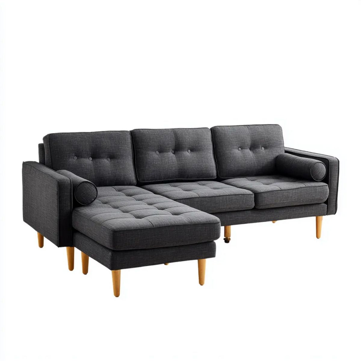 Grafitowa sofa narożna lewostronna z szezlongiem, tapicerowana tkaniną, 250 × 160 × 85 cm