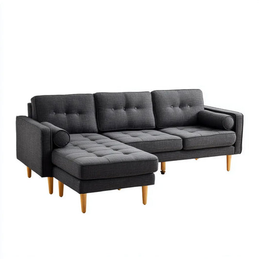 Grafitowa sofa narożna lewostronna z szezlongiem, tapicerowana tkaniną, 250 × 160 × 85 cm