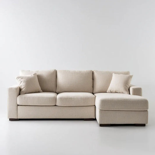 Beżowa sofa narożna z prawym szezlongiem z tkaniny, 260 × 160 × 85 cm